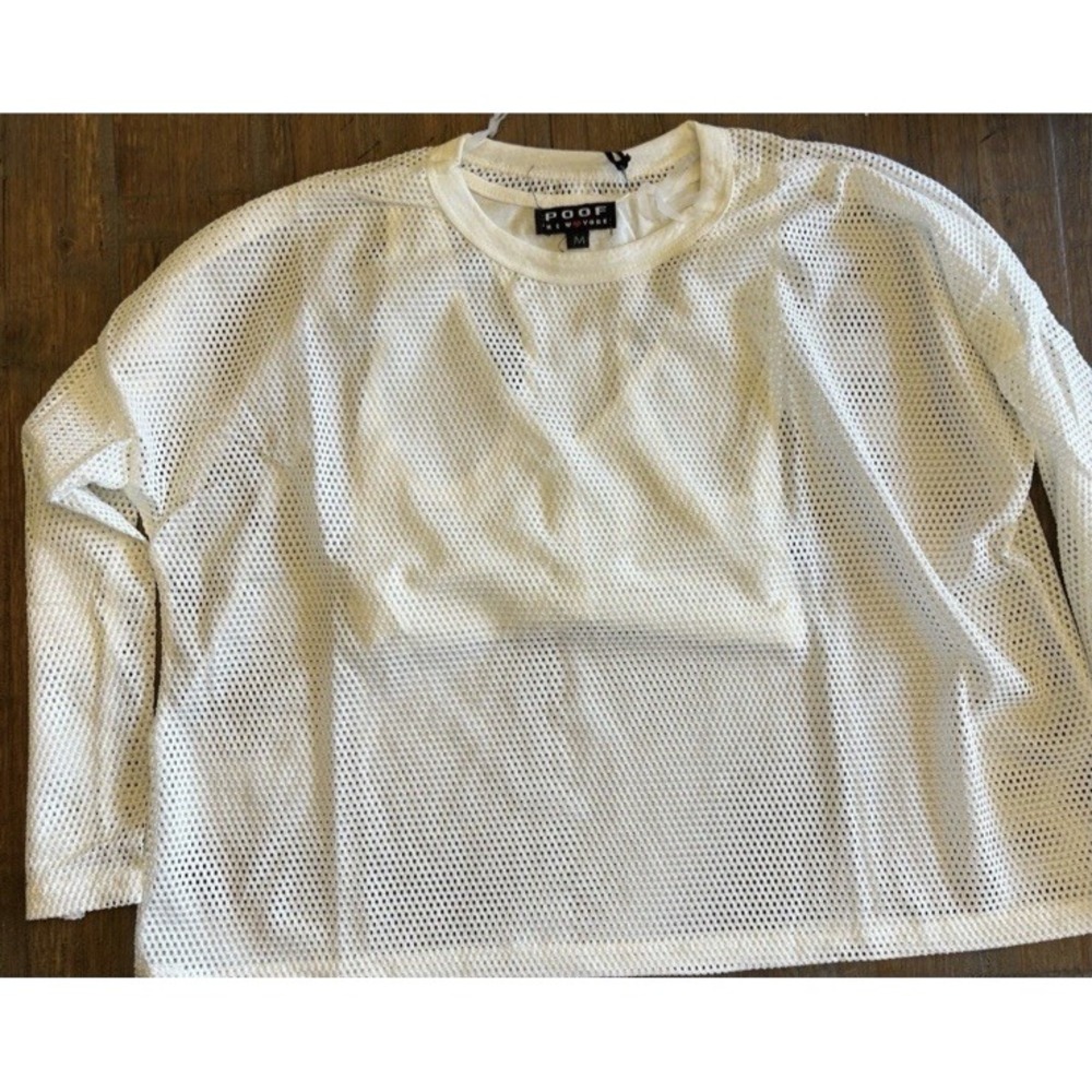 Poof New York Women's White Mesh Hooded Cropped V-Neck Long Sleeve Tee Size M